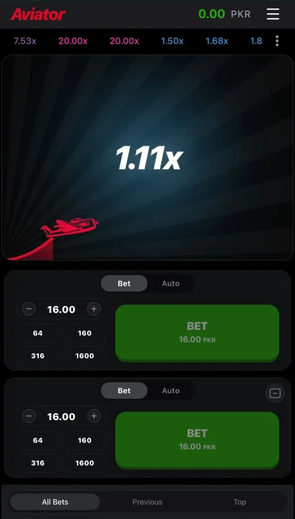 PKRupees Aviator Game Multiplier Chart and Real Cash Betting Screen